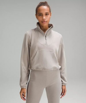 Φουτερ Lululemon Brushed Softstreme Ribbed Half Zip γυναικεια γκρι | Greece-0824351