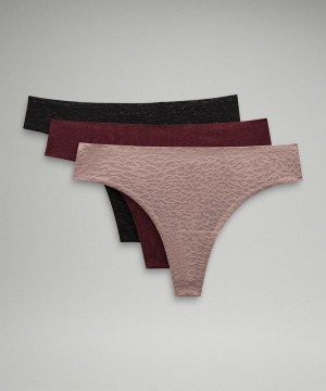 εσωρουχα Lululemon InvisiWear Mid-Rise Thong Performance Lace γυναικεια μαυρα ροζ σκούρο κοκκινα | Greece-8310574