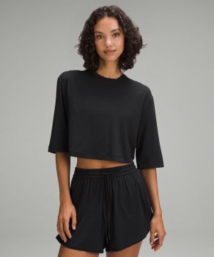 μπλουζακια Lululemon Modal Relaxed-Fit Cropped Short-Sleeve γυναικεια μαυρα | Greece-3647915