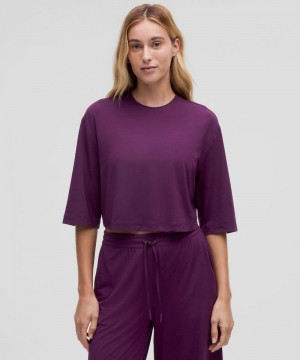 μπλουζακια Lululemon Modal Relaxed-Fit Cropped Short-Sleeve γυναικεια μωβ | Greece-8465327