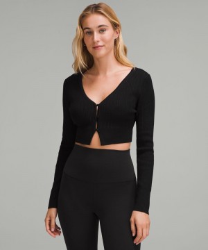 Πουλόβερ Lululemon Ribbed Merino Wool-Blend Cropped Cardigan γυναικεια μαυρα | Greece-6701935