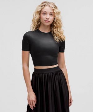 μπλουζακια Lululemon Wundermost Ultra-Soft Nulu Crewneck Cropped Shine γυναικεια μαυρα | Greece-0372689