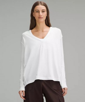 μακρυμανικα μπλουζακια Lululemon Back In Action V-Neck γυναικεια ασπρα | Greece-6728931