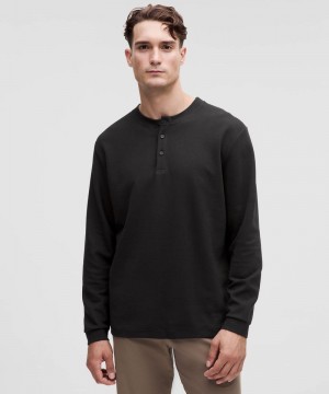 μακρυμανικα μπλουζακια Lululemon Heavyweight Cotton Textured Henley ανδρικα μαυρα | Greece-1394065