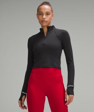 μακρυμανικα μπλουζακια Lululemon It's Rulu Ribbed Cropped Half Zip γυναικεια μαυρα | Greece-6157302