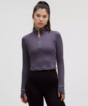 μακρυμανικα μπλουζακια Lululemon It's Rulu Ribbed Cropped Half Zip γυναικεια βαθυ γκρι | Greece-6024589