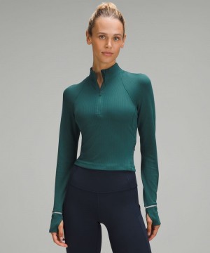 μακρυμανικα μπλουζακια Lululemon It's Rulu Ribbed Cropped Half Zip γυναικεια τυρκουάζ | Greece-8503427