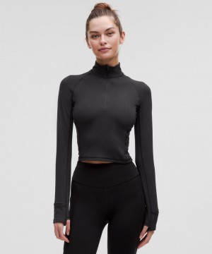 μακρυμανικα μπλουζακια Lululemon It's Rulu Ribbed Cropped Half Zip γυναικεια μαυρα | Greece-1507894