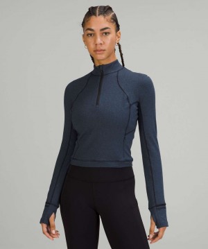 μακρυμανικα μπλουζακια Lululemon It's Rulu Run Cropped Half Zip γυναικεια σκουρο μπλε μαυρα | Greece-4856371