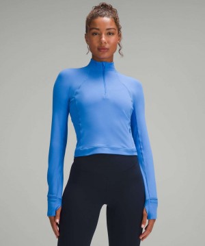 μακρυμανικα μπλουζακια Lululemon It's Rulu Run Cropped Half Zip γυναικεια μπλε | Greece-5247908