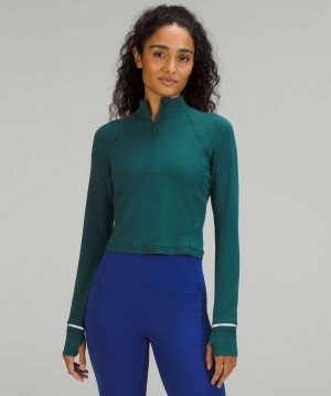 μακρυμανικα μπλουζακια Lululemon It's Rulu Run Cropped Half Zip γυναικεια πρασινο | Greece-5869170