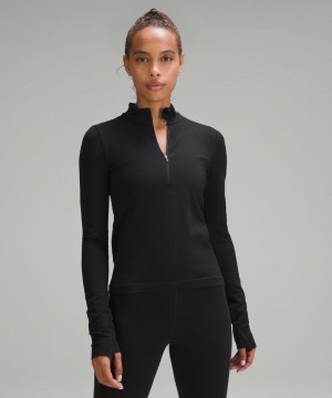 μακρυμανικα μπλουζακια Lululemon Merino Wool-Blend Base Layer Half Zip γυναικεια μαυρα | Greece-4305798