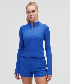 μακρυμανικα μπλουζακια Lululemon Rest Less Cropped Half Zip γυναικεια μπλε μπλε | Greece-1427805