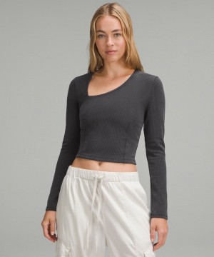 μακρυμανικα μπλουζακια Lululemon Ribbed Softstreme Asymmetrical γυναικεια μαυρα | Greece-2749653