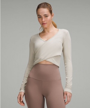 μακρυμανικα μπλουζακια Lululemon Wrap-Front Ribbed Long-Sleeve Top γυναικεια καφε | Greece-2765081