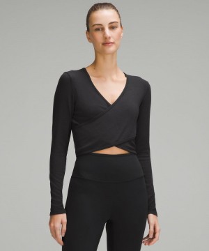 μακρυμανικα μπλουζακια Lululemon Wrap-Front Ribbed Long-Sleeve Top γυναικεια μαυρα | Greece-4267019